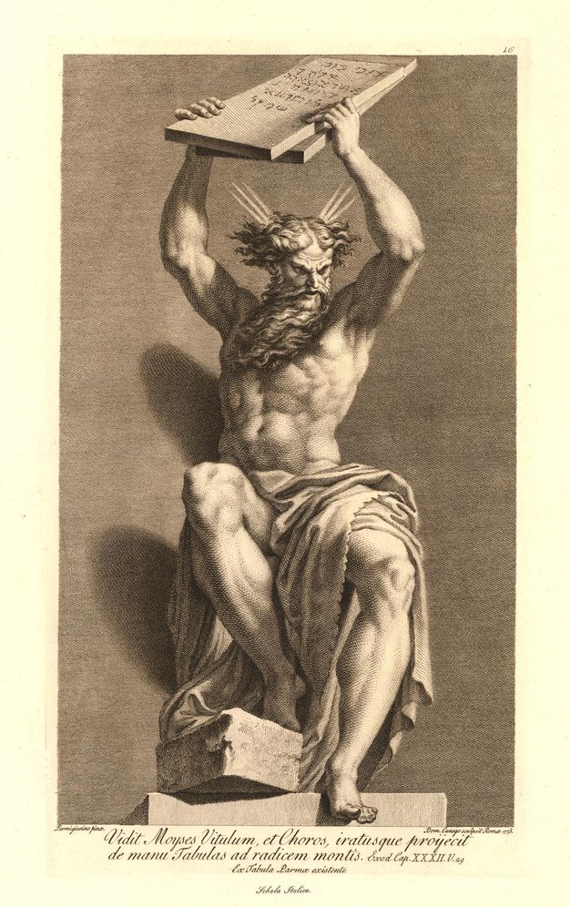 Print. A muscular man holds two tablets overhead. He looks down and to our right with thundering brows, his beard flying. Rays emanate from his wild, curly hair. One foot rests on a broken stone block. A Latin inscription is below.
