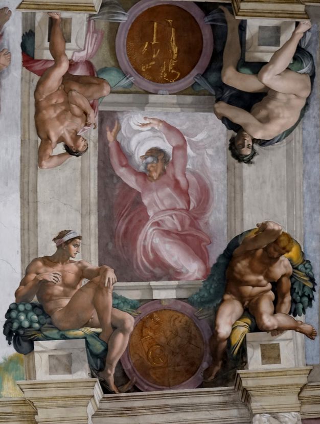 Painting. A grey-bearded man wearing a pink robe, God, divides light clouds from grey. At each corner a muscular, nude man is supported by a block and twists or coils on himself.