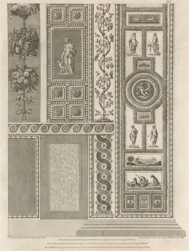 Print. Eight panels and strips of decorative ornament are arranged in a neat grid. They show fruit or flowers, some people and children, animals, or geometric designs.