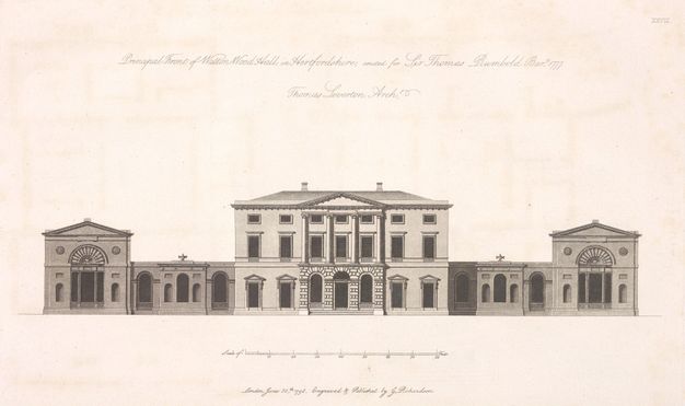 Illustration. Elevation drawing of a three-storey central building flanked by two arms that each end in a higher bay. Most of the windows on the lower level are arched, and those above are rectangular.