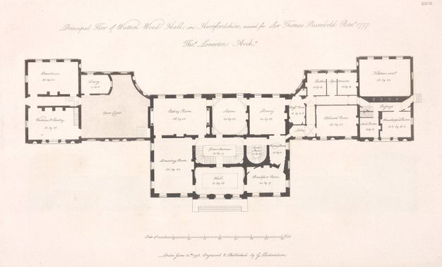 Illustration. A block of rooms at the centre is flanked by wings to each side. Each room is labelled and dimensions noted. Copperplate writing across the top reads, 'Principal Floor of Walton Wood Hall in Hertfordshire, erected for Sir Thomas Rumbold Bar. 1777. Thos. Leverton Archt.' And below, 'London June 30th 1798. Engraved & Published by G. Richardson'.