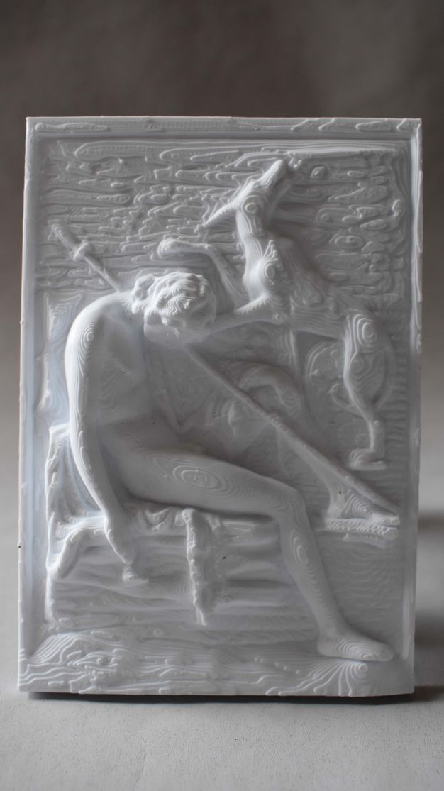 3D printed model. In low relief, a mostly nude young man sits with this head dropped forwards in sleep. One foot is propped up, and a spear rests against that knee and over the shoulder. A dog above the boy turns and looks up, its tail between its legs. Traces of the printing process show as striated layers building up the rounded forms.