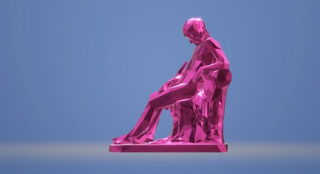 Screenshot. A person sitting with head slumped forwards is rendered in fuchsia-pink facets and planes against a blue background.
