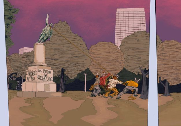 Digital print. In a loosely drawn, cartoonish style, several people wearing masks pull down a statue down from a high plinth. Words spray painted on the base read 'No Pride in Genocide'.