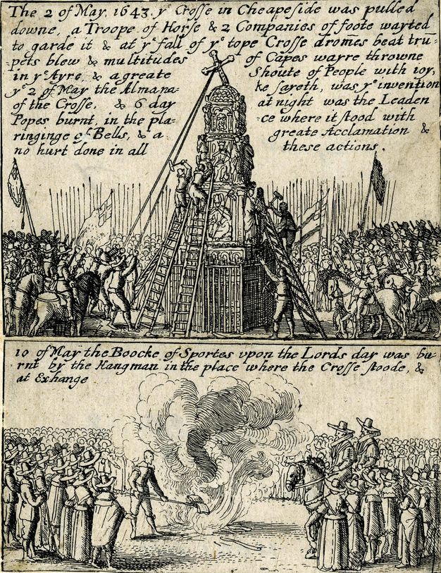 Print. The top of two panels shows a crowd dismantling and pulling down a monument topped by a cross. Books are burned amid a huge, faceless crowd below. Text is across the top of each panel.