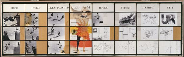Collage. Three by eight grid of black and white photos of people and buildings and aerial city maps with labels at the top, such as 'house, street, relationship, district, and city.' The central column, labeled 'Ciam,' is the only one in color and contains a human character and a sun.
