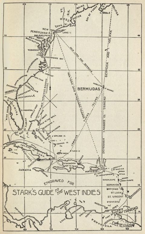 A black-and-white engraved map of the Caribbean and the southeastern United States from 'Stark's Guide to the West Indies,' showing major cities, islands, and trade routes.