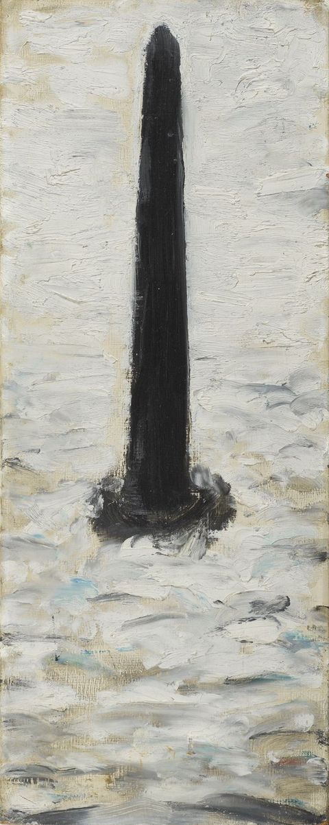 An oil painting featuring a tall, black vertical structure in the centre, surrounded by a heavily textured white and grey background. The lower portion of the painting includes brushstrokes suggesting a surface with varying shades of grey and blue.