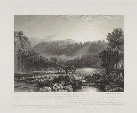 A black-and-white engraving of a river landscape with figures standing on a rocky shore, one figure is being helped down from a horse-drawn cart, there are geese in the foreground and a building on a hill in the background.