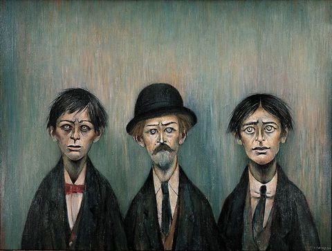 A haunting group portrait of three males with forlorn, weary expressions, dressed in dark suits. The central figure has a moustache and wears a bowler hat.
