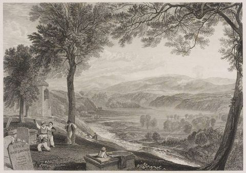 A black-and-white engraving of a rural landscape, with trees framing the foreground, rolling hills, and a river in the background. A group of people is gathered in the foreground near a churchyard with gravestones.