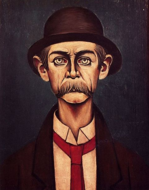 A portrait of an older man with piercing eyes and a thick mustache who wears a white shirt, a loose red tie and a black bowler hat.