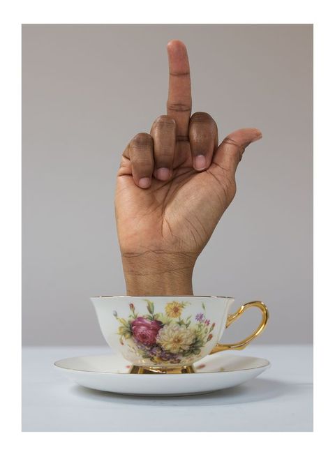 A third variation of the teacup series, where the hand extends its middle finger.