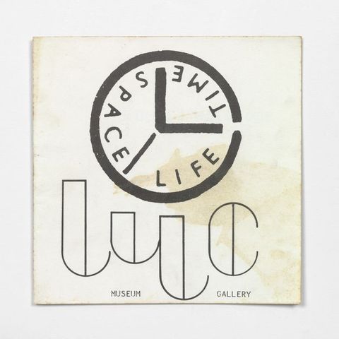 A logo with the words 'LYC Museum and Gallery' appears in an abstracted black font underneath a graphic of a clock. Three hands on the clock separate words at the outer edge, in place of numbers, reading 'TIME', 'SPACE', and 'LIFE', alongside stylised typography.