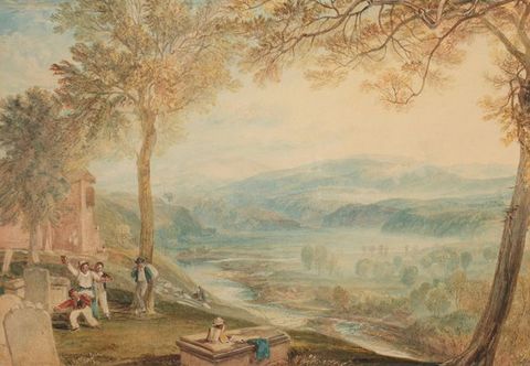 A landscape painting with trees framing the foreground, rolling hills, and a river in the background. A group of people is gathered in the foreground near a churchyard with gravestones.