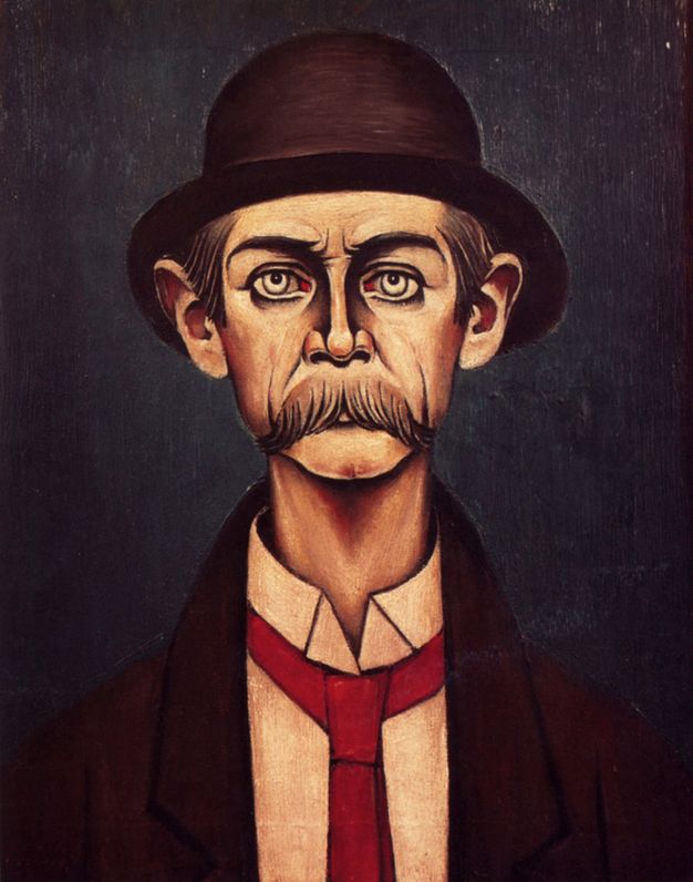 A portrait of an older man with piercing eyes and a thick mustache who wears a white shirt, a loose red tie and a black bowler hat.