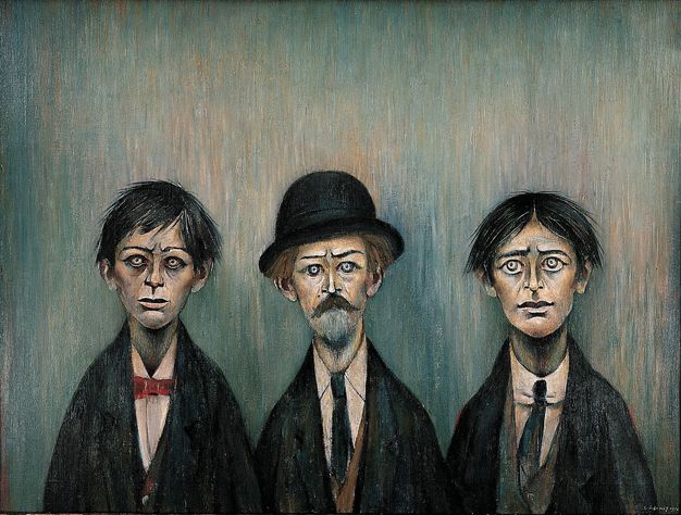 A haunting group portrait of three males with forlorn, weary expressions, dressed in dark suits. The central figure has a moustache and wears a bowler hat.