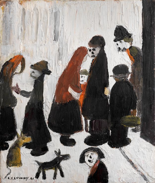 An oil painting depicting a group of people wearing dark clothing, standing in an outdoor space. Some figures wear hats, and one person is carrying a small child. Two small dogs are also present. The background consists of a heavily textured white and grey surface.