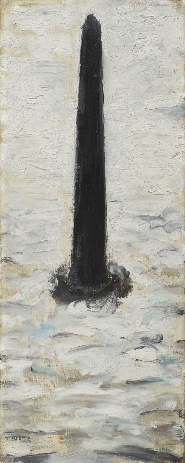 An oil painting featuring a tall, black vertical structure in the centre, surrounded by a heavily textured white and grey background. The lower portion of the painting includes brushstrokes suggesting a surface with varying shades of grey and blue.