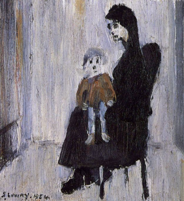 A painting of a woman in a black dress sitting on a chair, holding a small child dressed in a red coat and blue trousers.