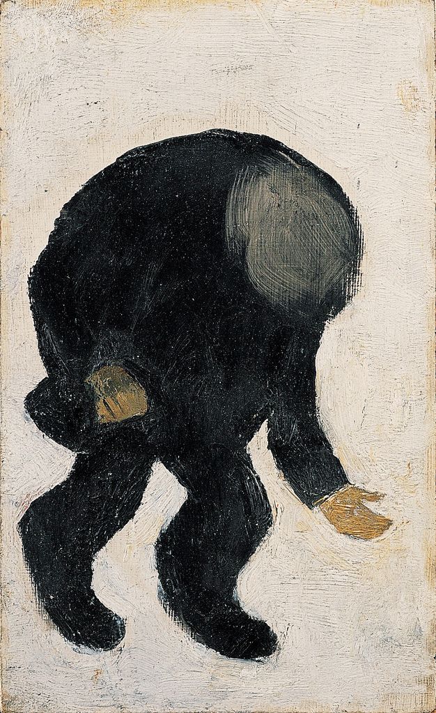 A painting of a hunched figure dressed in black whose head is bowed, extending one open hand against a light, flat background.