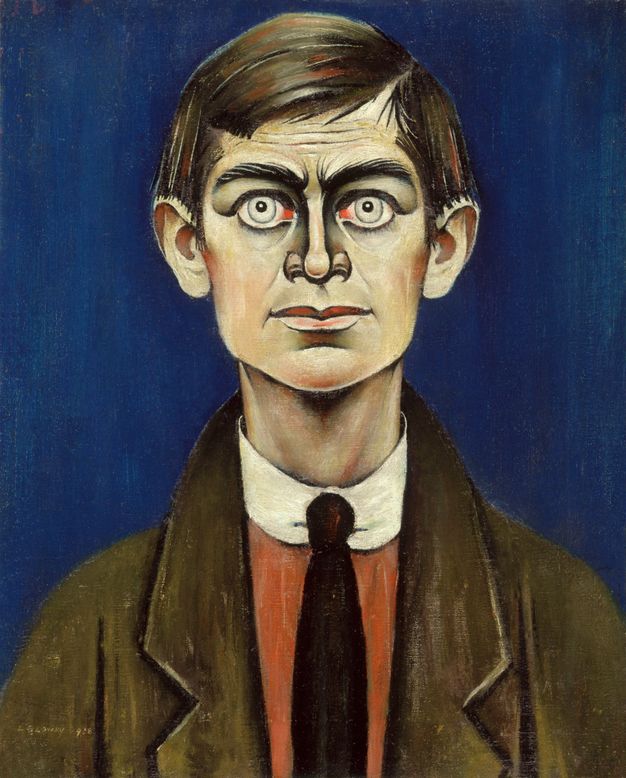 A striking oil painting of a man with wide, staring eyes, wearing a dark jacket and red shirt against a deep blue background.
