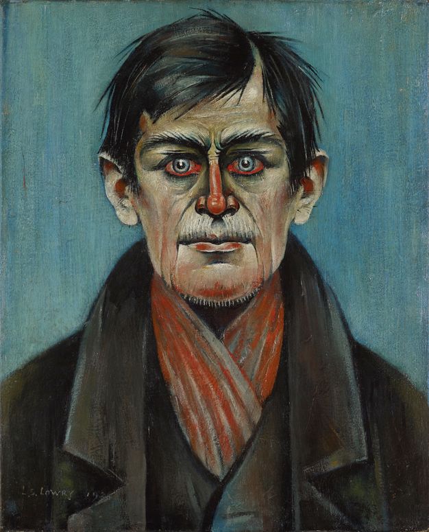 A portrait of a gaunt man with piercing blue eyes and a red scarf, set against a muted blue-green background.