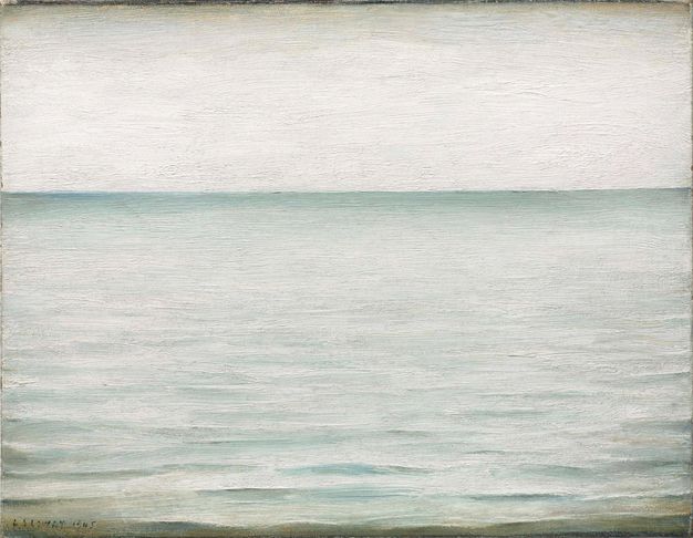 A minimalist seascape painting, with a simple horizon line dividing the pale sky and calm water.