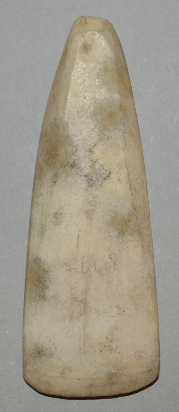 A close-up of an elongated, carved ivory or bone artefact with a smooth, tapered shape and visible wear marks.