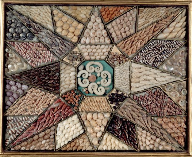 A framed shellwork artwork featuring a starburst pattern made from a variety of small shells, arranged in geometric sections of different colours and textures.