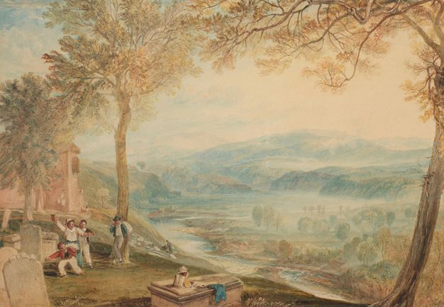 A landscape painting with trees framing the foreground, rolling hills, and a river in the background. A group of people is gathered in the foreground near a churchyard with gravestones.