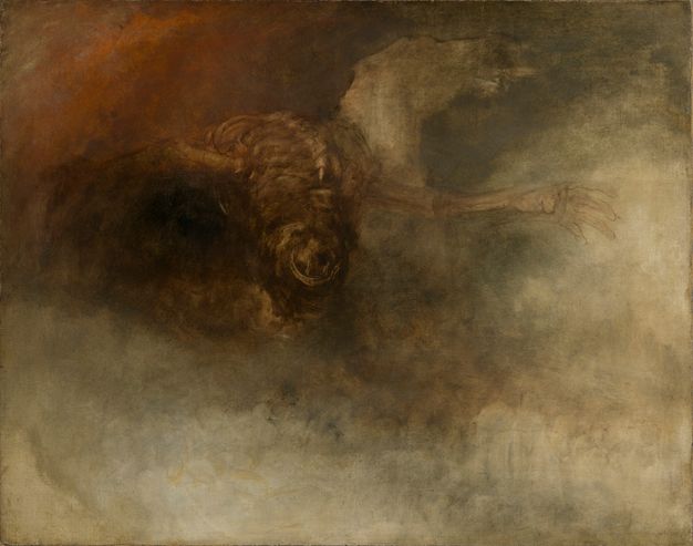 A dark, atmospheric painting of a skeletal figure with outstretched arms emerging from a hazy scene with indistinct surroundings.