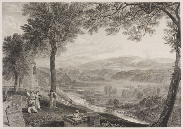 A black-and-white engraving of a rural landscape, with trees framing the foreground, rolling hills, and a river in the background. A group of people is gathered in the foreground near a churchyard with gravestones.