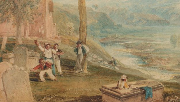 A close-up of a section of a painting depicting children playing near gravestones, with a seated figure reading at a tombstone.