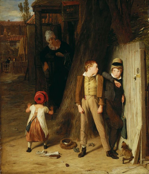 A painting of two boys standing shoulder-to-shoulder near a wooden gate, while a woman and a small girl observe them.