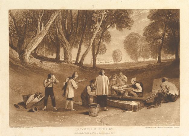 A sepia-toned print showing a group of male youths playing around well, in a clearing surrounded by trees with buildings visible in the distance.