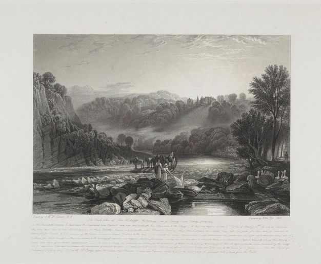 A black-and-white engraving of a river landscape with figures standing on a rocky shore, one figure is being helped down from a horse-drawn cart, there are geese in the foreground and a building on a hill in the background.