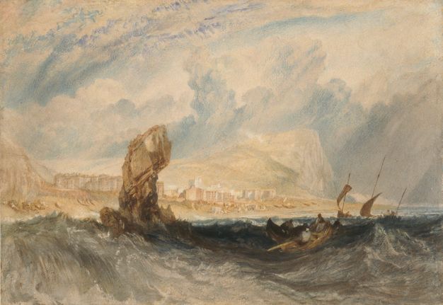 A seascape painting featuring waves crashing against rocks, with a coastal town and hills in the background. Small boats navigate the waters.