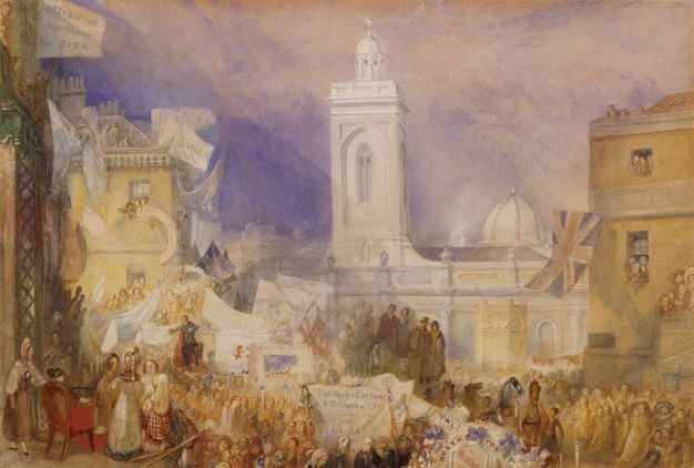 A painting of a large public gathering in an urban square, with banners, flags, and a church tower in the background.