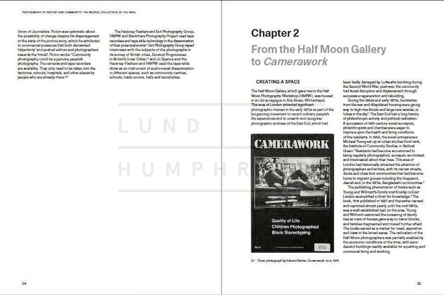 Page spread from an academic book featuring chapter text titled "Chapter 2: From the Half Moon Gallery to Camerawork." The left page contains text about the role of photography in societal change and community documentation. The right page introduces the Half Moon Gallery and discusses its significance in recording people's life experiences. In the center of the right page, there is an image of a publication titled "CAMERAWORK," with a focus on "Quality of Life: Children Photographed, Black Stereotyping."