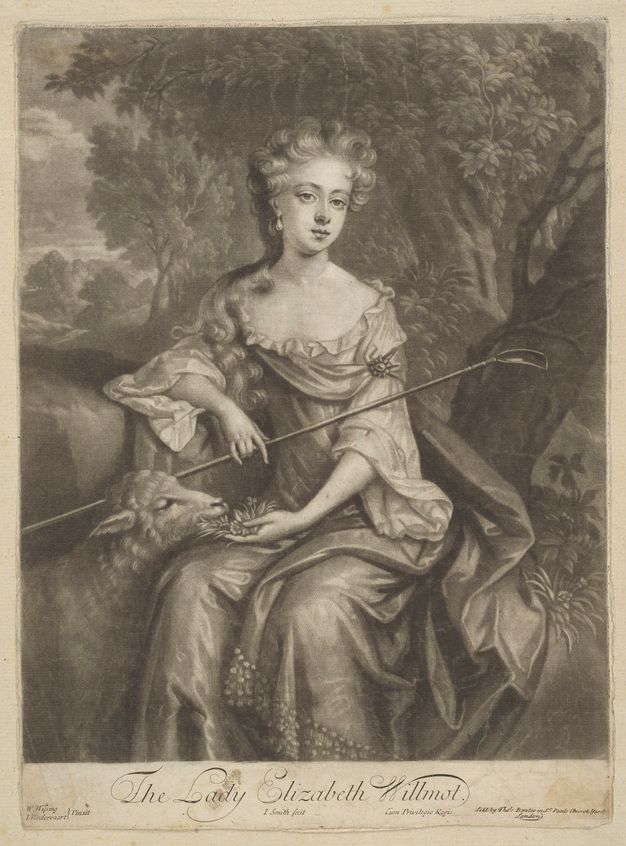 Engraving of Lady Elizabeth Wilmot seated outdoors in a pastoral setting. She wears an elaborate gown with ruffled sleeves and holds a shepherd's crook. A sheep rests its head on her lap as she offers it flowers. The background features dense foliage and trees, suggesting a serene natural environment. The artwork is titled and signed at the bottom by W. Wissing and J. Smith, with publication details.