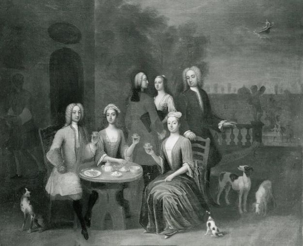 A monochromatic painting depicting a group of elegantly dressed men and women from the 18th century. They are gathered around a small table with tea settings, situated on a terrace with a balustrade overlooking a landscaped backdrop. The individuals exhibit formal postures and attire indicative of the period, with three women seated and two men standing. Two small dogs are present, adding to the scene's leisurely atmosphere. The background features trees and architectural elements, suggesting a garden or estate setting.