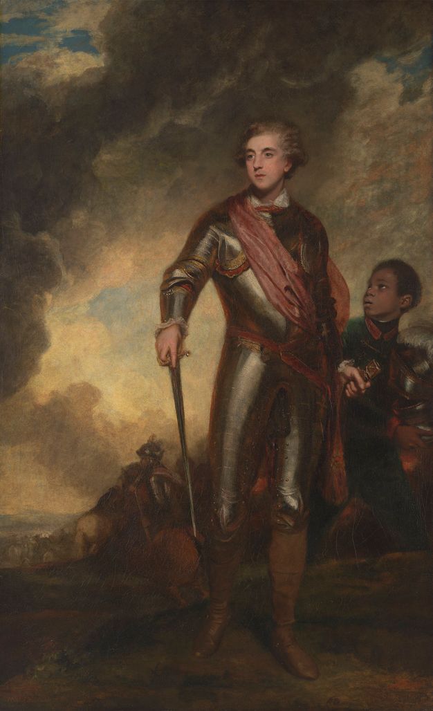 A historical painting depicts a young man in armor standing outdoors, set against a dramatic, cloudy sky. He gazes confidently into the distance, holding a sword in his right hand. A red sash is draped across his armor. Next to him, a young attendant appears to be handing him something. In the background to the left, a figure on horseback is visible. The scene conveys a sense of nobility and martial readiness.