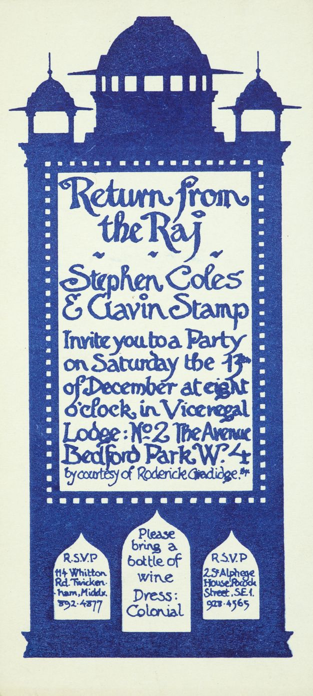 The image is an invitation card with a blue silhouette of an architectural structure reminiscent of South Asian design at the top. The card is titled "Return from the Raj" and invites guests to a party hosted by Stephen Coles and Gavin Stamp. The event is scheduled for Saturday, December 17th at eight o'clock, located at Viceregal Lodge, No. 2 The Avenue, Bedford Park, W4.
