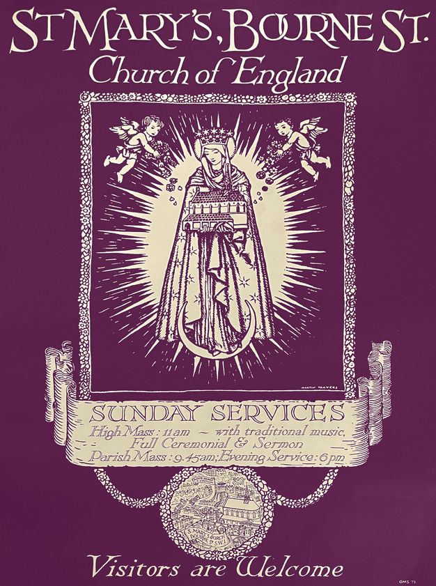 Poster for St. Mary's Church, Bourne Street, Church of England. The central illustration depicts a figure wearing a crown and robes, holding a building, surrounded by two cherubs and emanating rays of light. The border features intricate floral patterns. The text announces Sunday services: High Mass at 11 am with traditional music, a full ceremonial and sermon, Parish Mass at 9:45 am, and an Evening Service at 6 pm.