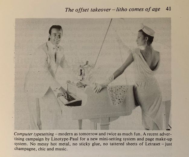 Black and white photograph on cream paper with a typed caption underneath. A man on the left, dressed in a white tuxedo, pushes keys on a small keyboard laid on top of the keys of a white grand piano. A woman in an elegant white gown is to the right.  Text at the top right reads "The offset takeover – litho comes of age". The caption starts with the text "computer typesetting". 