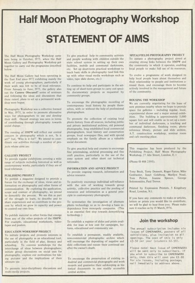 The image is a scanned page from the Half Moon Photography Workshop titled "Statement of Aims." The document outlines the workshop's objectives, including the promotion of photography as a tool for social change. It mentions projects such as the Gallery Project, Publishing Project, Education Workshop Project, Spitalfields Photography Project, and plans for housing the workshop.