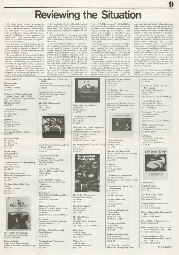 Page from an academic publication titled "Reviewing the Situation." The page contains multiple sections of text discussing different aspects of reviewing books related to photography. It includes a list of received books, their authors, publishers, and prices. Some of the highlighted books discuss photographic history and techniques. Visual elements on the page include small images of book covers related to photography and some advertisements. The layout is structured with columns of text, reflecting an organized academic style.