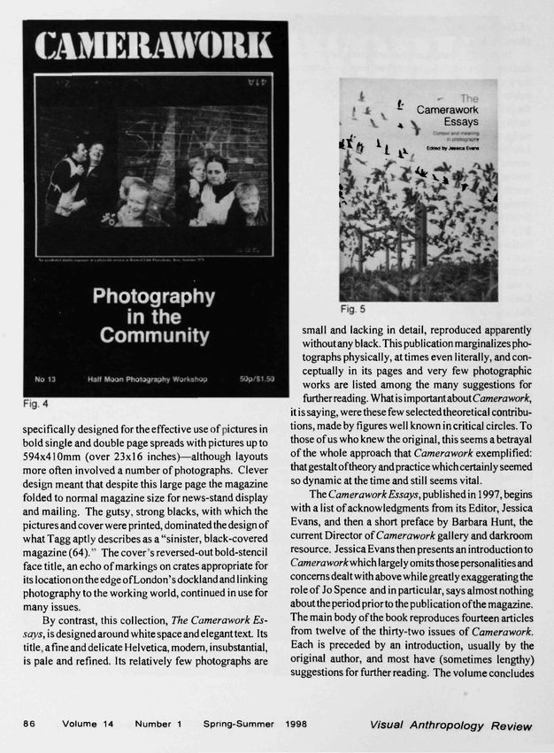 The image features a black-and-white page from a publication titled "Visual Anthropology Review" from Volume 14, Number 1, Spring-Summer 1998. It contains two figures: Fig. 4 is a cover image of "Camerawork" magazine showcasing a photograph with the title "Photography in the Community." Fig. 5 is the cover of "The Camerawork Essays," edited by Jessica Evans, featuring an artistic depiction of birds alongside abstract text.
