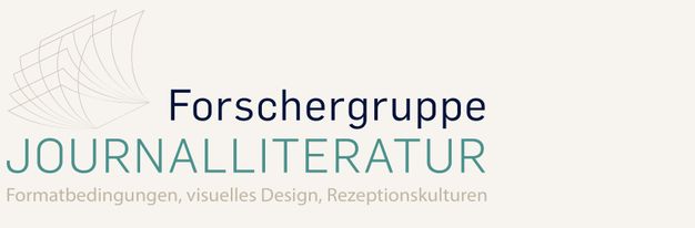 Logo of "Forschergruppe Journalliteratur" featuring a stylized line drawing of overlapping pages on the left. The text includes "Forschergruppe" in dark blue and "Journalliteratur" in teal, with the subtitle "Formatbedingungen, visuelles Design, Rezeptionskulturen" in light grey below, all set against a light background.